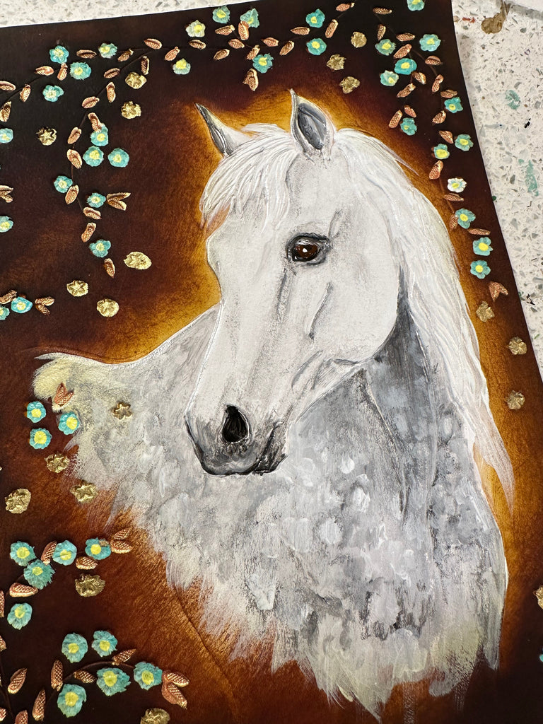 Grey Arabian Horse Carved onto a Leather Book